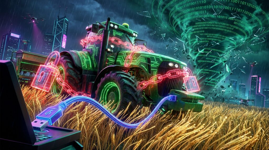 A green tractor wrapped in glowing red digital chains, connected to a laptop via a glowing USB cable in a wheat field.