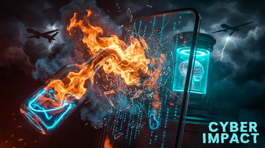 A glowing Molotov cocktail shatters a glass screen with digital code, revealing an AI brain and drone. Text: CYBER IMPACT.