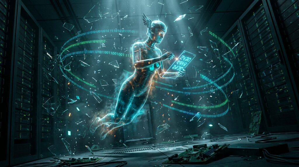 A glowing cyborg with a winged helmet floats in a server room, writing on a holographic tablet amidst binary code rings.