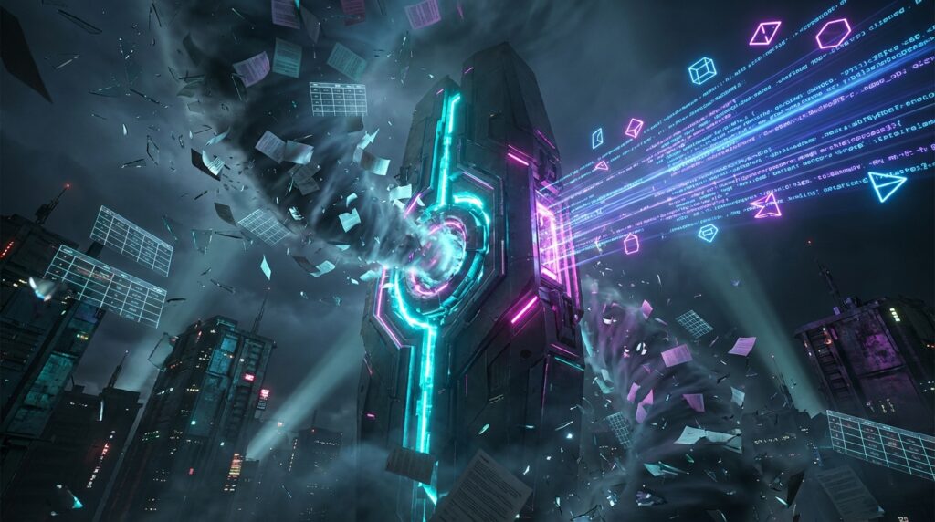 A giant sci-fi tower in a dark city converts swirling paper documents and tables into glowing streams of digital code.