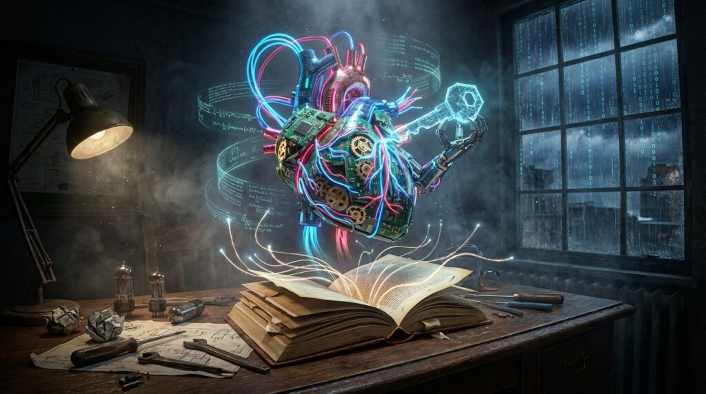 A neon mechanical heart with a robotic arm holds a glowing key above an illuminated open book on a vintage workbench.