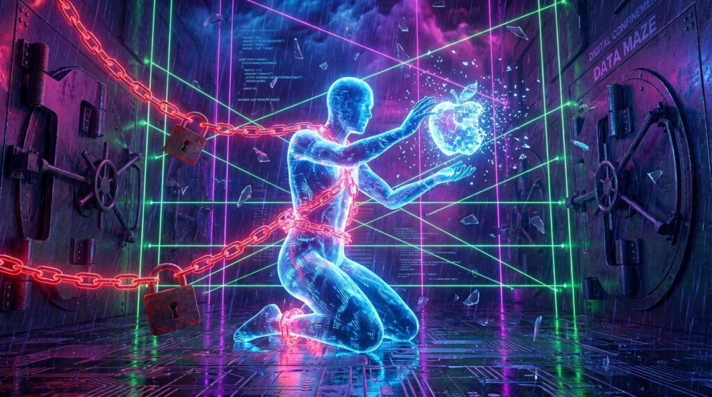 Chained blue digital avatar reaching for a glowing apple inside a vault with green lasers. Text reads DATA MAZE.