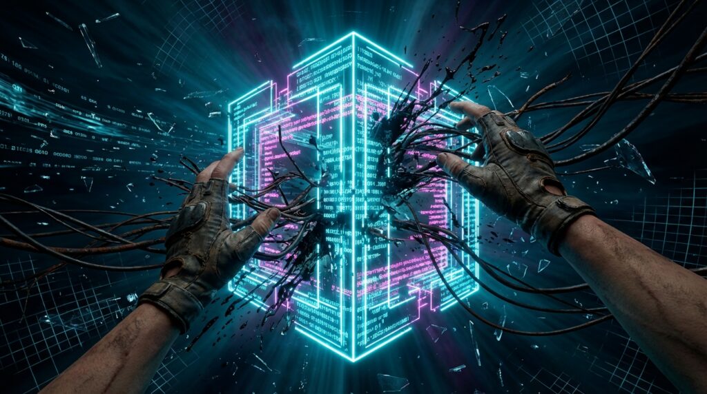 First-person view of gloved hands grabbing a glowing neon blue and pink cube of code, with dark cables bursting from it.