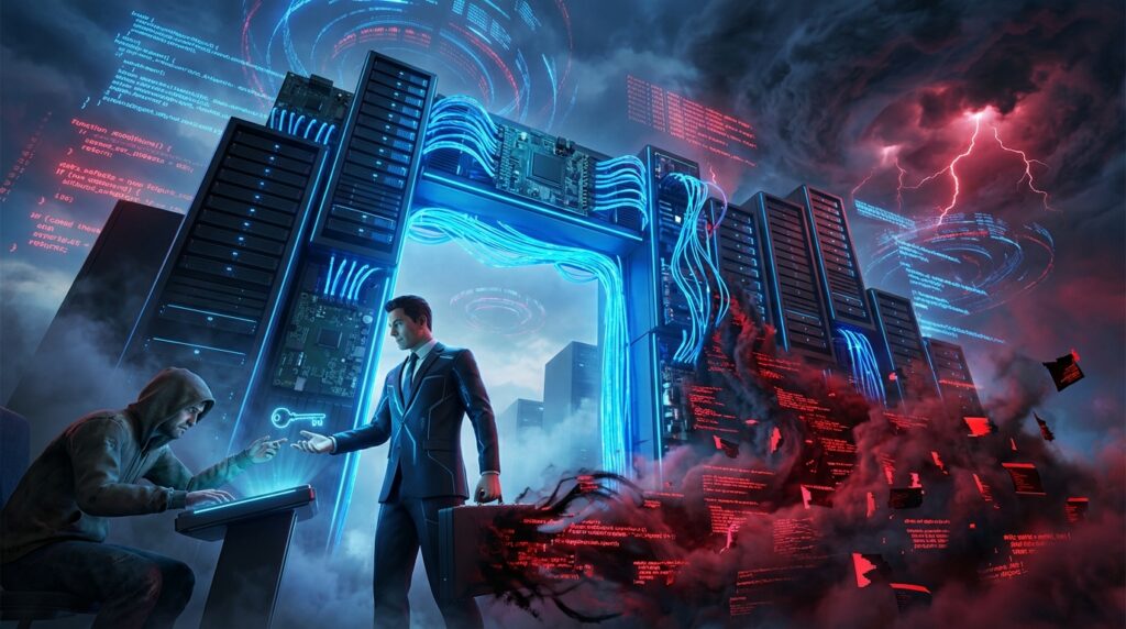 A suited man with a briefcase faces a hooded hacker near giant servers, amidst glowing blue cables and red malicious code.