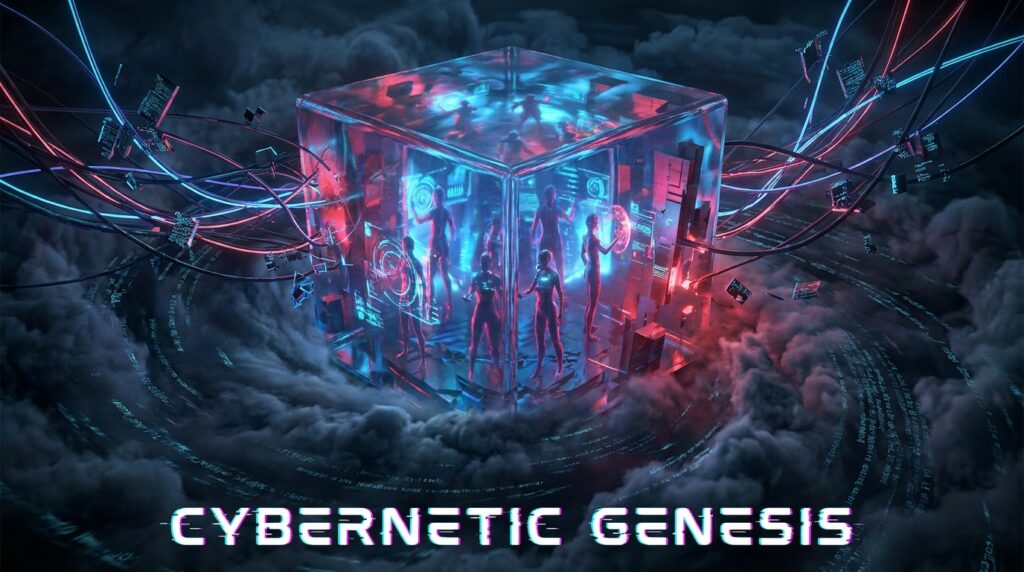 A glowing glass cube holds digital human figures, connected by neon cables in dark smoke. Text: "CYBERNETIC GENESIS".