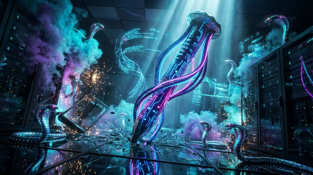 A giant glowing cybernetic nail stands in a smoky server room surrounded by robotic cobras and floating code.