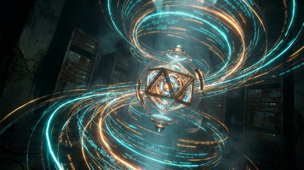 A glowing, nested geometric core floats in a dark room, surrounded by swirling blue and orange rings of math formulas.