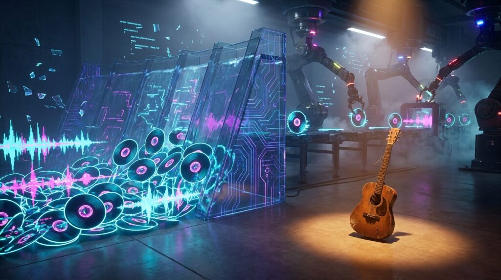 Robotic arms dump glowing digital records like a flood behind a digital barrier, facing a solitary acoustic guitar.