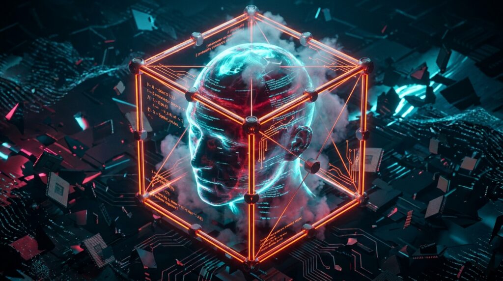 A glowing human head filled with digital code is trapped inside an orange neon cube among scattered computer chips.