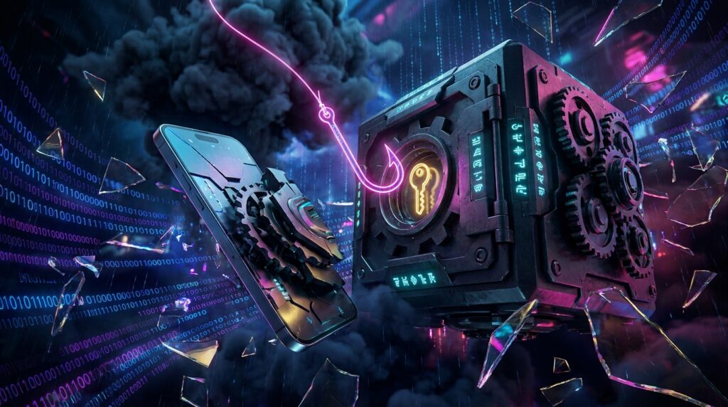 A neon pink fishing hook reaches for a glowing key inside a metal safe next to a shattered smartphone and binary code.
