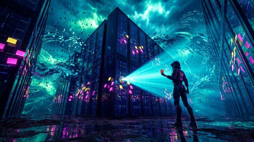 A futuristic figure in a cyberpunk server room shines a beam at glowing neon sticky notes attached to massive data racks.