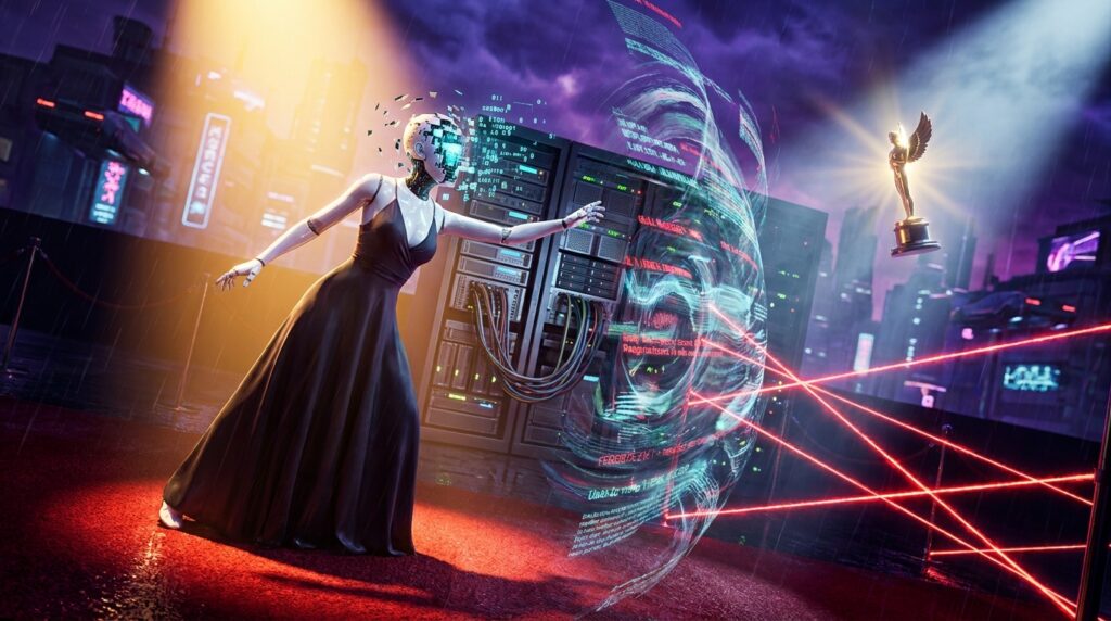 An AI robot in a black gown tries to reach a floating golden trophy but is blocked by a digital force field and red lasers.