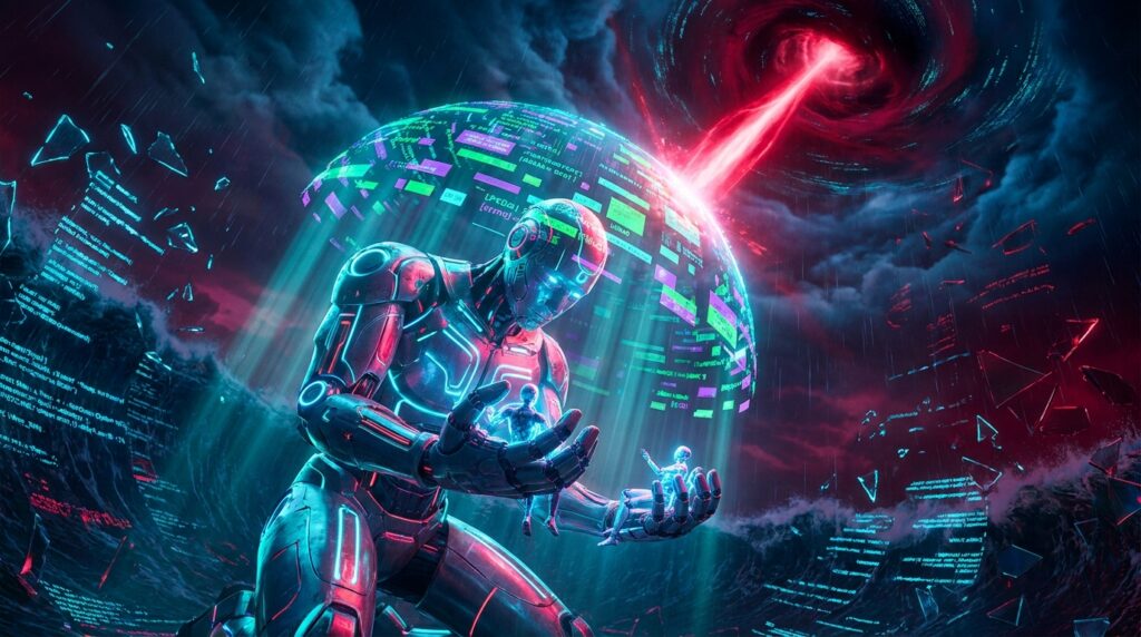 A giant neon robot projects a digital shield to protect two tiny glowing figures in its hands from a red laser beam.