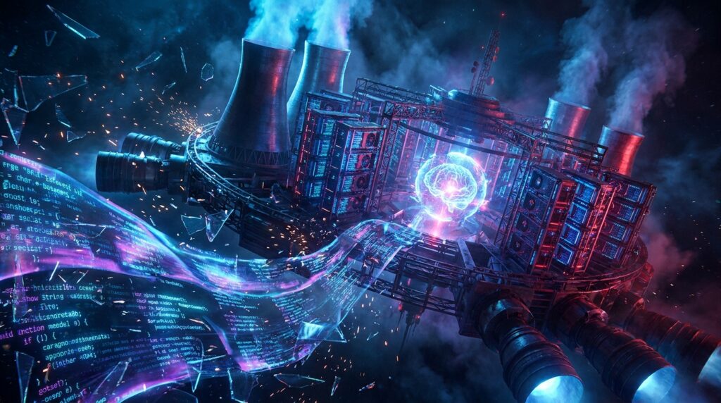 Sci-fi orbital data center featuring server racks, cooling towers, and rocket engines orbiting a glowing digital brain.