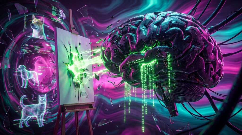 Cybernetic brain firing green code beam at an art canvas, with neon cat and dog holograms in a purple swirling background.