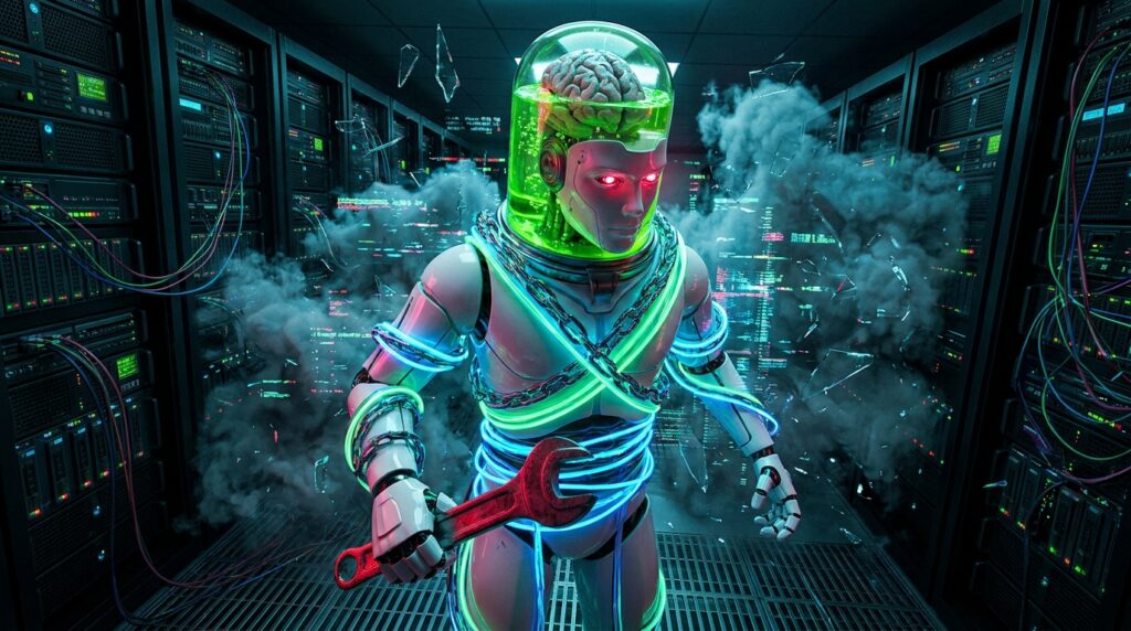 Cyborg with a brain-in-jar head, bound by chains and glowing wires, holding a red wrench inside a smoky server room.