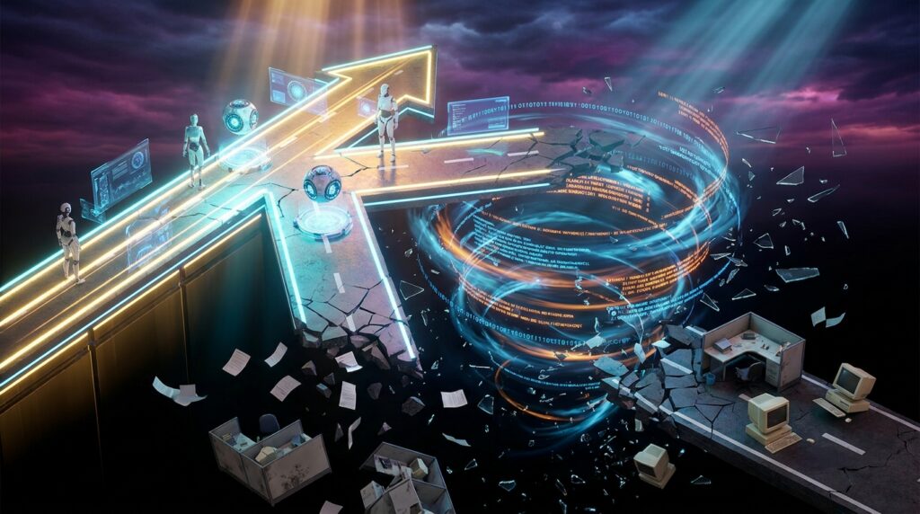 A glowing split road shows AI robots on a solid upward path, while a traditional office crumbles into a data vortex below.