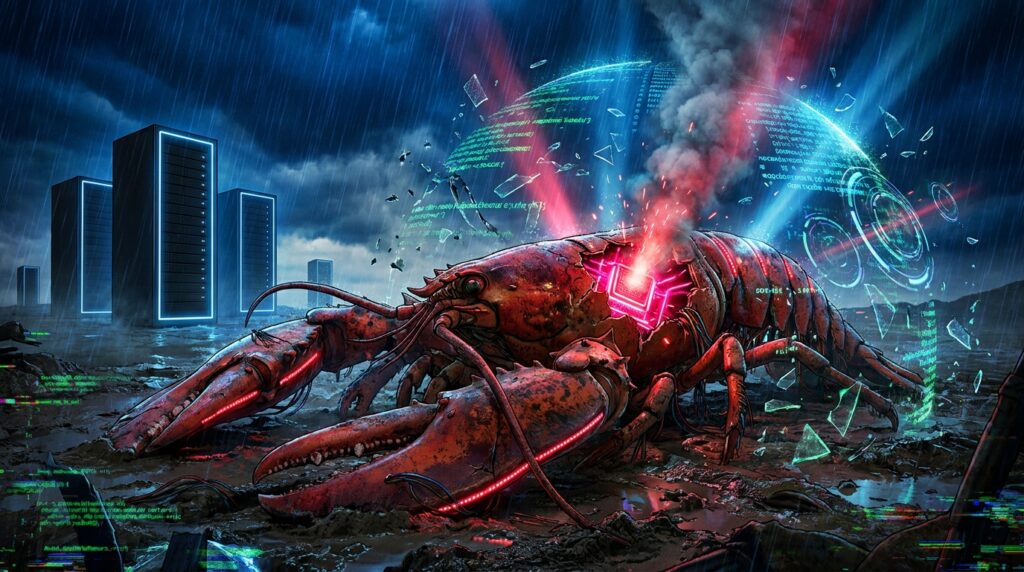 A damaged red robotic lobster with exposed glowing circuitry lies in the rain near server racks and holographic green code.